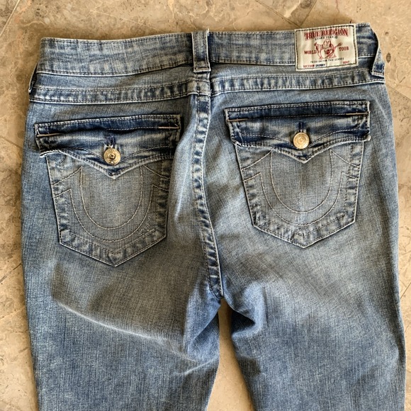 True Religion Women's Jeans Blue Denim Skinny Size 31 Distressed Flap Pockets - Picture 1 of 12